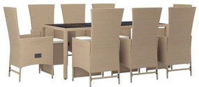 9 pcs conjunto de jantar p/ jardim com almofadões vime PE bege
