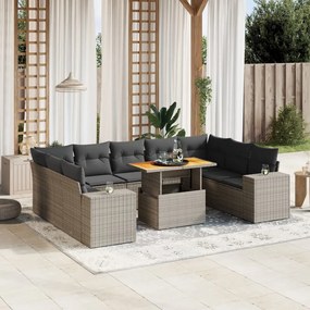 10 pcs conjunto sofás de jardim c/ almofadões vime PE cinzento