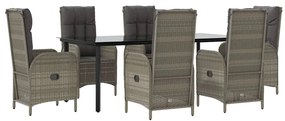 7 pcs conjunto jantar jardim c/ almofadões vime PE preto/cinza