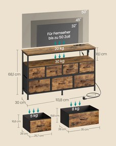 Cómoda com 7 gavetas e 1 prateleira e gavetas em tecido 30 x 113,8 x 68,1 cm, Coleção BELLAH  Castanho Vintage - Preta