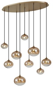 Candeeiro suspenso Art Deco dourado com vidro âmbar 9 luzes - Jia