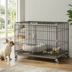 Gaiola dobrável para cães 75,5 x 46 x 64,5 cm, tabuleiro removível, rodas com travões, teto abrível com fecho de segurança, preta