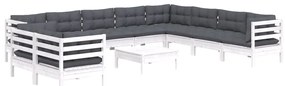 11 pcs conj. lounge de jardim c/ almofadões pinho maciço branco