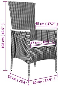 9 pcs conjunto de jantar p/ jardim c/ almofadões vime PE cinza