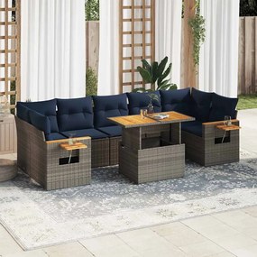 8 pcs conjunto sofás de jardim c/ almofadões vime PE cinzento
