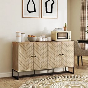 Aparador de Sala 140,5x40x81,5 cm com 4 Portas com Design Chevron Prateleiras Ajustáveis Pés de Aço cor Carvalho