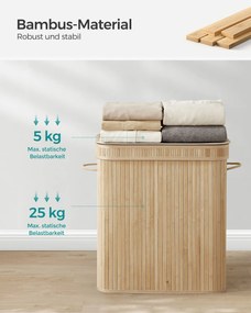 Cesto para roupa suja 100 litros em bambu com tampa e pegas 54,5 x 34,5 x 61 cm natural