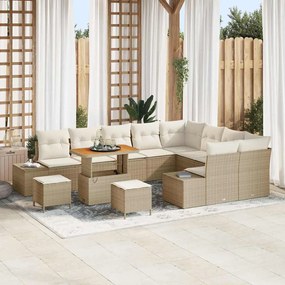 Conjunto de Sofá de Jardim 12 Peças com Almofadas Bege Rattan Poliéster Acácia