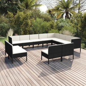 vidaXL 12 pcs conjunto lounge de jardim c/ almofadões vime PE preto