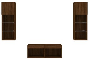 4 pcs móveis de parede para TV com luzes LED carvalho castanho