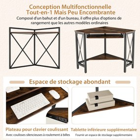 Mesa com estação de carregamento, mesa de canto para computador com prateleira para teclado e 2 prateleiras 113 x 75 x 145 cm, branca + dourada