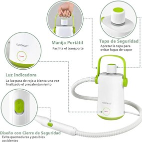 Máquina portátil de limpeza a vapor de 1000w com tanque de água de 300ml, mangueira estendida e vaporizador de roupas de cabo longo Branco