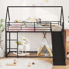 Cama Beliche Crianças 204 x 195 x 181,5 cm em forma de casa com escorrega (COLCHÃO E ACESSÓRIOS IMAGEM NÃO INCLUIDOS) com grade de segurança e escada