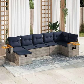 7 pcs conjunto sofás p/ jardim c/ almofadões vime PE cinzento