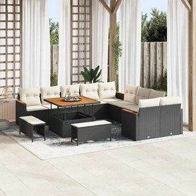 Conjunto de Sofá de Jardim de 13 Peças com Almofadas Preto Vime PE Acácia