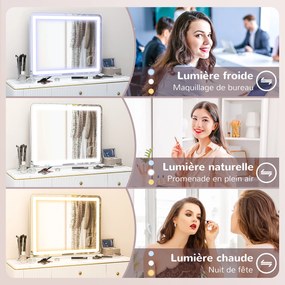 Espelho com iluminação LED  80 x 62 cm, 3 modos de iluminação, ampliação de 10x, porta de carregamento USB, botão tátil branco