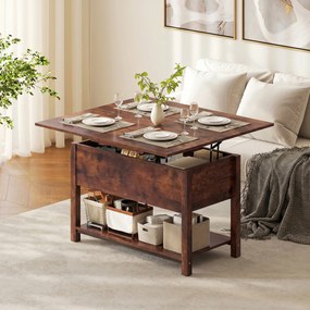 Mesa de Centro Elevável e Extensível, 100 x 90 x 63,5 cm, Tampo Duplo Ajustável, Castanho Rústico