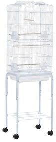 PawHut Gaiola para Passáros com Suporte  com 4 Rodas Portas 4 Comedouros 3 Poleiros e Bandeja Removível 46,5x36x157cm Branco | Aosom Portugal