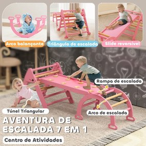 Triângulo de Escalada 7 em 1 com Arco e Rampa Escalada para Crianças de Madeira Dobrável para 18-48 Meses 188x70 cm Rosa