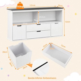 Estante infantil com 4 gavetas Organizador de arrumação infantil para quarto de criança 121 x 33 x 62 cm branco