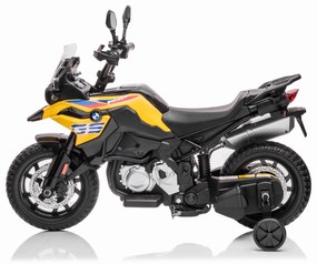 Moto eléctrica para crianças BMW F850 GS, 12V,Rodas Soft EVA, 2 motores x 35W, luzes LED, rodas auxiliares, MP3 player com entrada USB/Aux, Amarelo