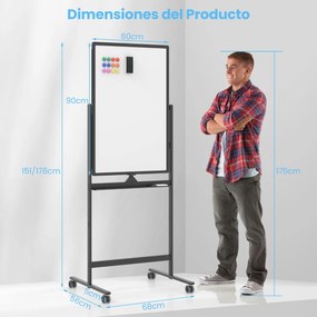 Quadro branco móvel magnético 60x90cm seco dupla face com rodas de suporte rotação 360° altura ajustável de 151-178cm no escritório escola Preto