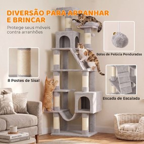 Arranhador para Gatos 204 cm Multinível com 2 Tocas Rede 2 Camas Postes de Sisal e Escada Cinza Claro