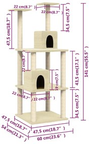Árvore para gatos c/ postes arranhadores sisal 141 cm cor creme
