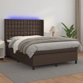 vidaXL Cama box spring c/ colchão/LED 140x190 cm couro artif. castanho
