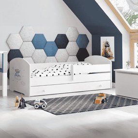 Cama infantil branca LUK ursinho azul 140x70 com gaveta - colchão e estrado incluído
