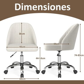 Cadeira de escritório moderna sem braços giratória, com encosto curvo e assento estofado com altura ajustável, bege