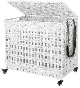 Cesto de roupa suja SONGMICS feito à mão com tampa, cesto de roupa suja estilo rattan com 3 compartimentos separados, alças, forros removíveis, para sala de estar, banheiro, lavanderia, branco LCB083W01