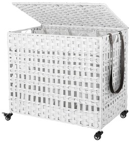 Cesto de roupa suja tecido à mão SONGMICS com tampa, cesto de roupa suja estilo rattan com 3 compartimentos separados, alças, sacos de forro removíveis, para sala de estar, banheiro, lavanderia, branco LCB083W01