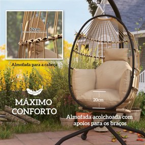Cadeira Suspensa com Suporte Cesta Dobrável Almofada e Encosto para Cabeça Interior e Exterior 120 kg Caqui