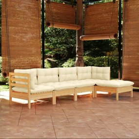 5 pcs conjunto lounge de jardim c/ almofadões creme pinho