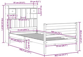 Cama com estante sem colchão 75x190 cm pinho maciço branco