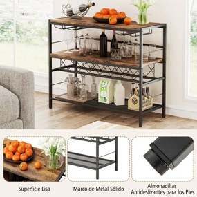 Garrafeira de vinhos de 4 níveis 104 cm Mesa de bar de vinhos com arrumação e 4 filas para copos Estante de vinhos para cozinha Castanho