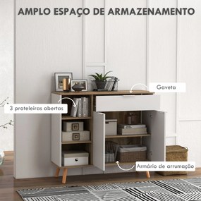 Aparador Sala de Estar com 1 Gaveta 2 Portas de Fechamento Suave e Prateleiras Ajustáveis 95x35x85 cm Branco e Madeira
