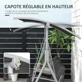Baloiço de jardim de 2 lugares com toldo inclinável, tabuleiro central e 2 suportes para copos – 175 x 112 x 158 cm – cinzento