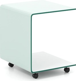 Mesa auxiliar em forma de C em vidro temperado 39,5 x 45 x 48 com prateleira de 2 níveis 4 rodas giratórias bloqueáveis Branco