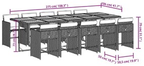 11 pcs conjunto de jantar p/ jardim c/ almofadões vime PE preto