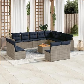 13 pcs conjunto sofás p/ jardim c/ almofadões vime PE cinzento