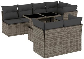 8 pcs conjunto sofás de jardim c/ almofadões vime PE cinzento