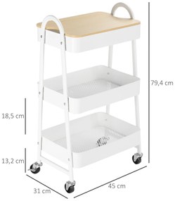 Carrinho Auxiliar com Rodas de 3 Níveis Carrinho de Cozinha com 3 Cestas de Aço e 1 Bancada de Madeira 45x31x79,4 cm Branco