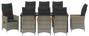 Conjunto de Jantar de Jardim 9 Peças com Almofadas Cinza Rattan Poli