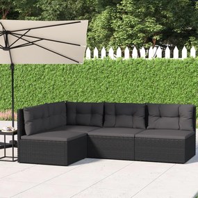 vidaXL 4 pcs conjunto lounge de jardim c/ almofadões vime PE preto