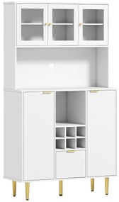 Armário de Cozinha Móvel Auxiliar de Cozinha Armário Alto com 3 Portas de Vidro Suporte para Garrafas 100x40x180 cm Branco