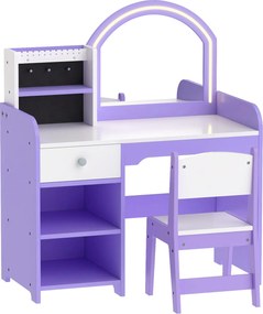 Penteadeira de Maquilhagem para Menina com Espelho LED de 2 Cores, Banco, Suportes para Joias, Gaveta e Compartimentos, Roxo