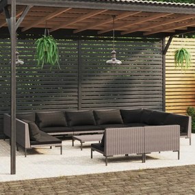 vidaXL 12pcs conj. lounge jardim c/ almofadões vime PE cinzento-escuro