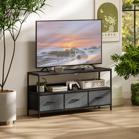 Móvel para televisão 120 x 29 x 56 cm, adequado para televisores até 55 polegadas, com 3 gavetas tecido e pés em aço, cinzento, preto
